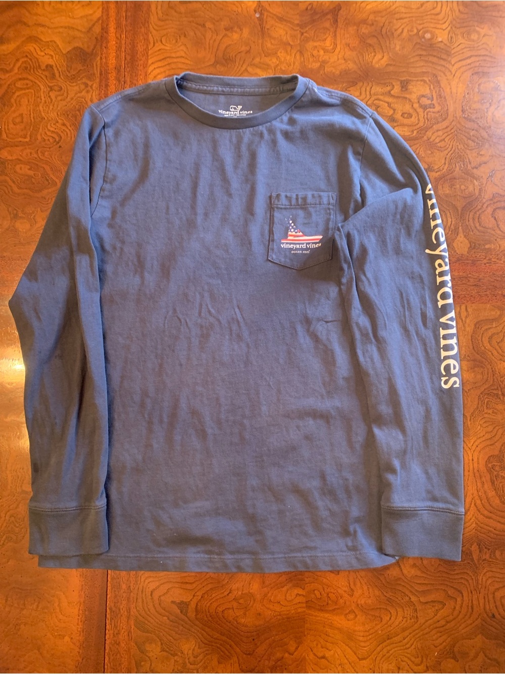 Vineyard Vines Boys Long-Sleeve Pocket Tee in Navy Blue with Sleeve Logo